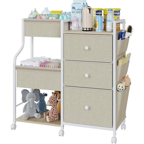 3 Tier Rolling Cart, Baby Organizer and Storage Cart with Dividers and Drawers, Newborn Baby Essentials Storage Cart with Wheels for Nursery, Bedroom, Beige
