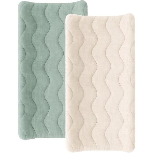 Konssy Waterproof Muslin Changing Pad Cover 2 Pack, Quilted Cotton Fitted Diaper Chang Table Cover, Soft Changing Pad Sheets for Girls Boys (Green,Cream)