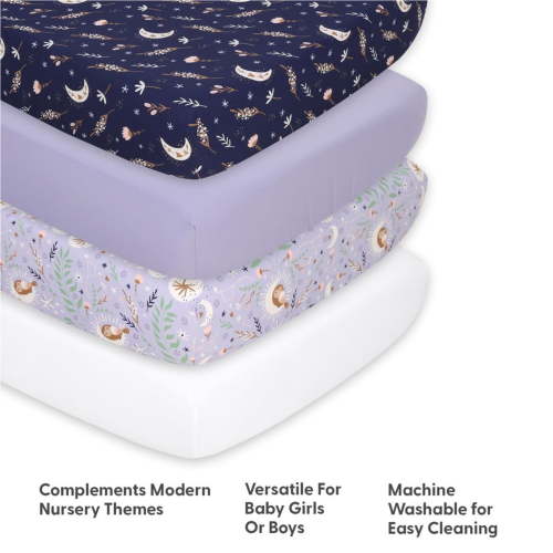 The Peanutshell Purple Floral Moon Celestial Microfiber Fitted Crib Sheets for Baby Girl, 4 Pack Set