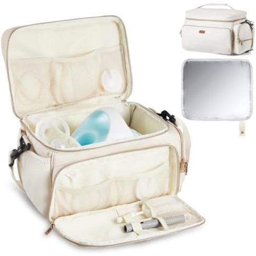 VEVOR Breast Pump Bag, Breast Feeding Bag with Waterproof Mat, Compatible with Spectra S1 & S2, Pumping & Breastmilk Storage, Portable Pump Carrying Case for Work, Travel and Family Use, Beige