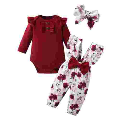 Newborn Infant Baby Girl Clothes Long Sleeve Romper Pants Headband headband Outfits Set ( 0-3 Months, Red)