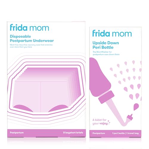 Frida Mom Upside Down Peri Bottle & Disposable Boyshort Cut Postpartum Underwear Super Soft, Stretchy, Breathable, Wicking, Latex-Free - Size - Regular, 8 Count