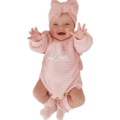 Personalized Chunky Knit Sweater Romper Custom Embroidered Baby Romper Set Newborn Coming Home Outfit Set 100% Cotton Knitted Sweater