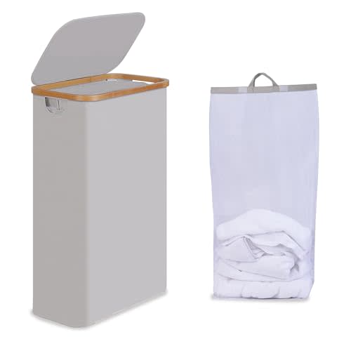efluky Slim Laundry Basket with Lid, Narrow Laundry Hamper with Removable Bag, Skinny Dirty Clothes Basket with Bamboo Handles for Bathroom, Bedroom & Laundry Room, 75L Light Grey