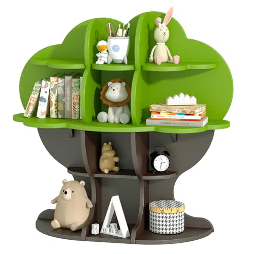 Tree Kids Bookshelf Toddler Bookcase 4-Tier Baby Book Rack Children Toy Storage Organizer Wood Display Shelf for Nursery Playroom Bedroom Classroom School Homeschooling Boy Girl’s Gift (green tree)