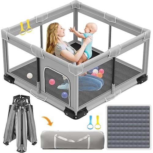 Foldable Playpen for Babies and Toddlers, 50x50 Inches Portable Playpen, Kids Collapsible Play Pen with 2 Handlers, Indoor & Outdoor Baby Fence Play Area with Visible Mesh, Light Gray