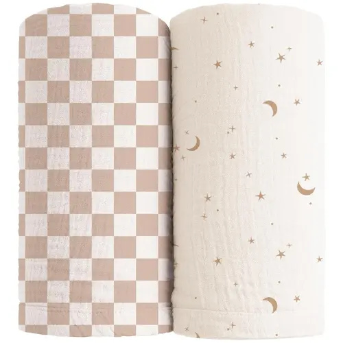 Konssy Muslin Swaddle Blankets for Girls Boys, 2 Pack Receiving Baby Blanket Large 47 x 47 inches, Soft Breathable Swaddling Wrap for Unisex Newborn (Coffee Check,Moon)