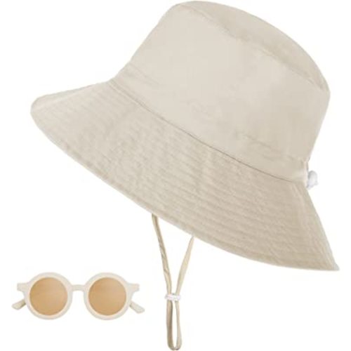 Baby Bucket Hat & Sunglasses, UV Protection Sun Hat with Wide Brim, Toddler Beach Hat Summer Essentials for Boy Girl