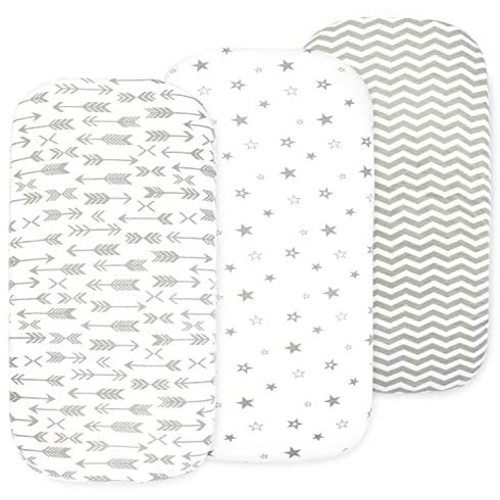Baby Bassinet Sheet Set for Boy and Girl, 3 Pack, Universal Fitted for Oval, Hourglass & Rectangle Bassinet Mattress, Fitted Sheets Size 32 x 16 x 4 Inches, Grey-White