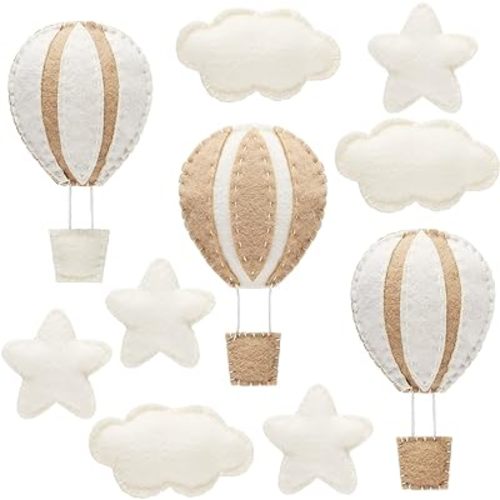 Poen 10 Pcs Star Hot Air Balloon and Cloud Nursery Decor Western Wall Decor for Bedroom Mini Felt Clouds Stars Hot Air Balloon Nursery Decor Felt Wall Decor for Kids Baby Bedroom Decor (Khaki)