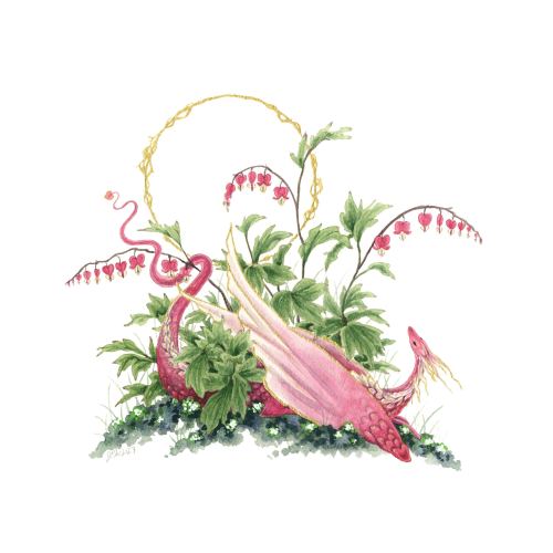 Dragon Art Watercolor Print - Bleeding Heart Dragon - fantasy art. whimsical. flower art. illustration.