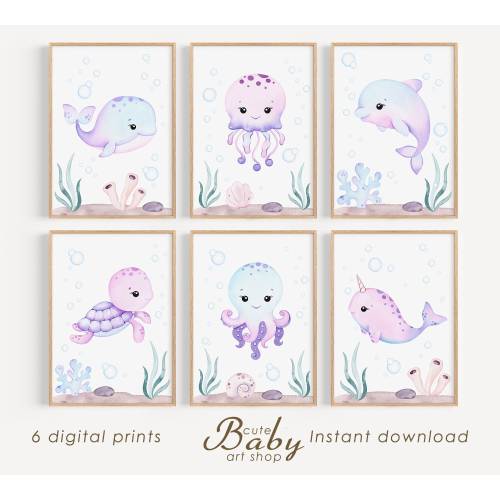 Under the sea prints, cute ocean animals, nautical undersea posters, nursery decor, printable wall art, baby girl room decor