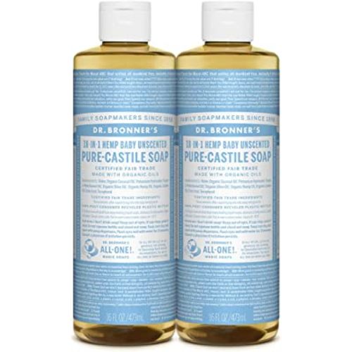 Dr. Bronner's - Pure-Castile Liquid Soap (Baby Unscented, 16 ounce, 2-Pack) - Made with Organic Oils, 18-in-1 Uses: Face, Hair, Laundry and Dishes, For Sensitive Skin and Babies, No Added Fragrance