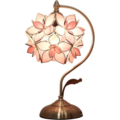 Bieye L10833 Rose Lily Flower Tiffany Style Stained Glass Table Lamp with Vintage Brass Base Electroplating Finish for Bedside Bedroom Living Room Home Decoration, 8 inch Wx17 inch H, 8 inch Rose Lily