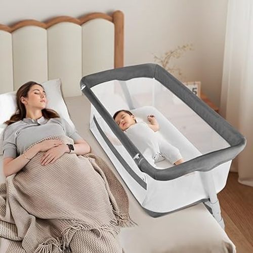 Cowiewie Bassinet Bedside Sleeper,Baby Bassinet Slides Over Bed,5-Height Adjustment & Breathable All-Mesh Wall Bedside Bassinet for Baby,Space-Saving Bedside Crib, Height(37.4-41.3"), Dark Grey