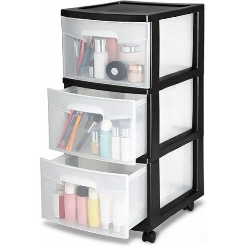 3 Drawer Rolling Plastic Storage Cart with Large Durable Clear Drawers and Removable Wheels, Suitable for Bedroom, Dormitory, Closet, Kitchen and Office (BLACK)