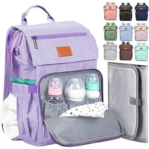 PILLANI Baby Diaper Bag Backpack - Baby Bag for Boys & Girls, Diaper Backpack - Large Travel Diaper Bags w/Changing Pad - Baby Registry Search & Shower Gifts Newborn Essentials & Items for Mom,Purple