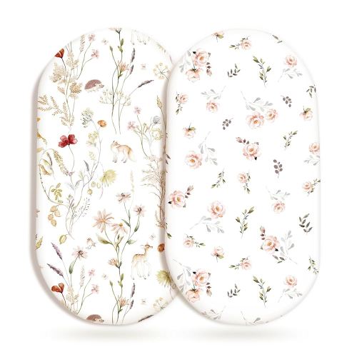 GRSSDER Ultra Soft Bassinet Sheets 2 Pack, Stretchy Breathable Knit Bassinet Mattress Sheets for Baby, Universal Fitted Baby Cradle Moses Basket Oval Rectangle Pads Safe and Snug, Stylish Flora