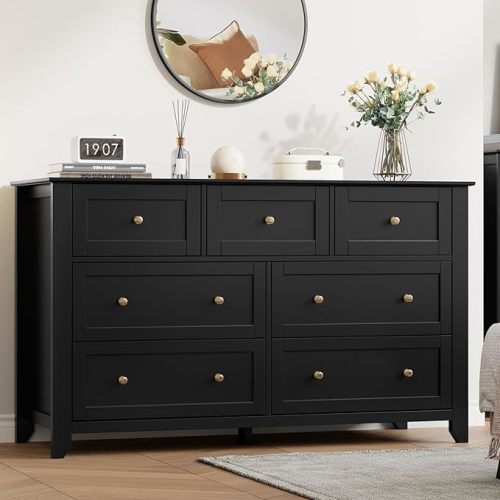 IDEALHOUSE Black 7 Drawer Dresser for Bedroom, 54" Wide Dresser with Deep Drawers & Metal Knobs, Modern Large Wooden Chests of Drawers for Entryway, Hallway