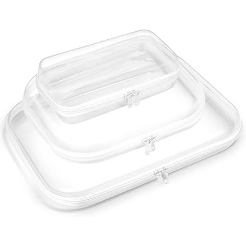3 Pack Zippered Hard Pouch, Clear Plastic Storage Box Containers Small Toiletry Bag, Clear Hard Shell Zipper Case for Small Items, Toys, Building Blocks, Puzzles, Cosmetics&Stationery, 3 Size (White)