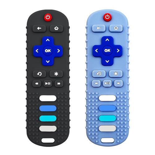 2-Pack Silicone Baby Teething Toys, TV Remote Teethers for 6-12-18 Months Infant, Fire Remote Shape Toddlers Silicone Teethers for Boys and Girls Sensory Toy(Black+Blue)