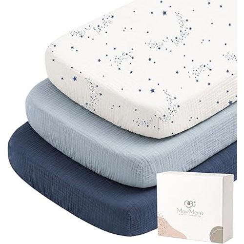 MairMore 3 Pack Muslin Fitted Bassinet Sheets for Babies, Soft & Breathable 100% Cotton Bedside Sleeper Bassinet Sheet, Moses Basket Oval Rectangle Pad/Mattress (Starry Sky)