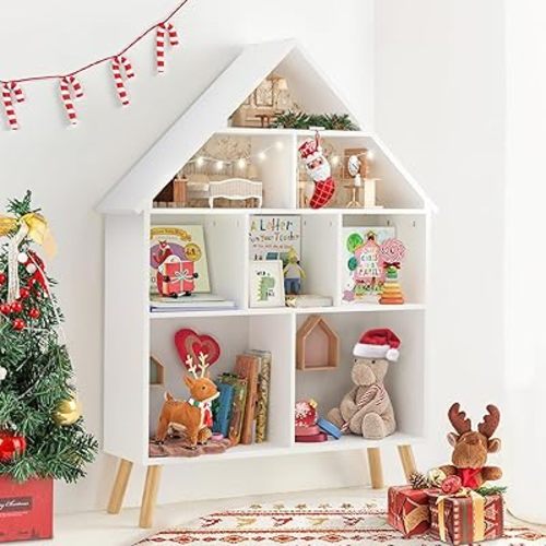 Kids Dollhouse Bookshelf and Baby Storage - Wooden Stand Dollhouse Bookcase with 4-Tier Storage Display Organizer, Children Bookshelf for Playing Room, Nursery - White