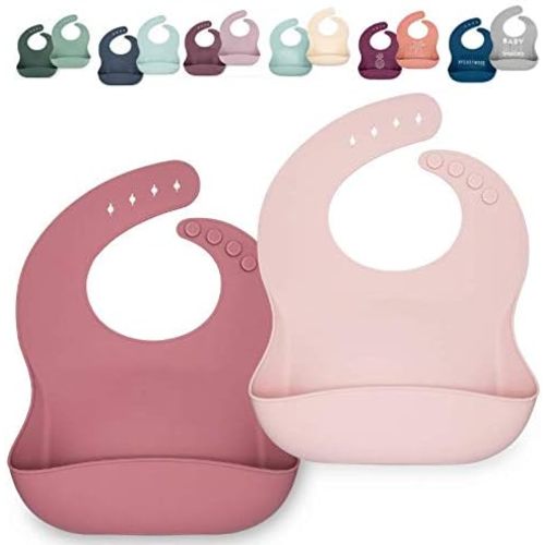 Waterproof Silicone Bib Set with Adjustable Neck Closure - Durable Silicone Bibs for Babies - Set of 2