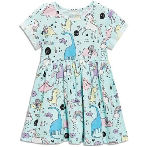 Bumeex Toddler Girls Summer Dress Clothes Cotton Casual Cartoon Print Short Sleeve Dresses Girls Sundress 1-7 Years