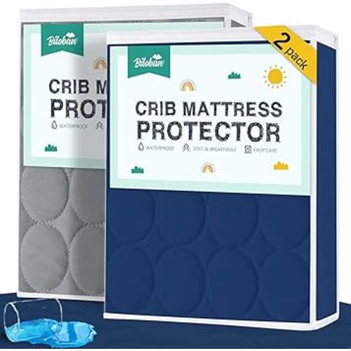Biloban Crib Mattress Protector 2 Pack, Waterproof, Durable, Grey & Navy, Absorbent, Noiseless, Fits Standard 28 x 52 x 5 Inch Mattresses