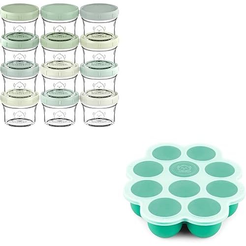 KeaBabies 12-Pack Baby Food Glass Containers and Silicone Baby Food Freezer Tray with Clip-on Lid - 4 oz Leak-Proof, Microwavable, Baby Food Storage Container - Breast Milk Trays for Freezer