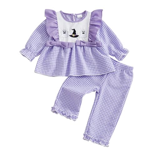Arvbitana Toddler Baby Girl Halloween Pumpkin Ghost Gingham Outfit Long Sleeve Ruffle Tops Pants Two Piece Smocked Clothes