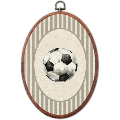 Vintage Soccer Ball Sport Nursery Oval Wall Art, Brown Stripe Canvas Prints Framed, Farmhouse Retro Decor Wall Art Hanging Decor for Kids Toddler Room Playroom Decoration, 8.6x11.4 Inch