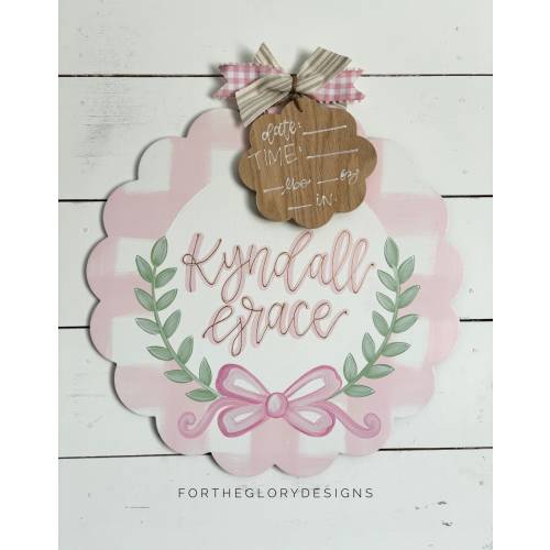 hospital door hanger for girls // painted bow // pink plaid // greenery arch // nursery name sign