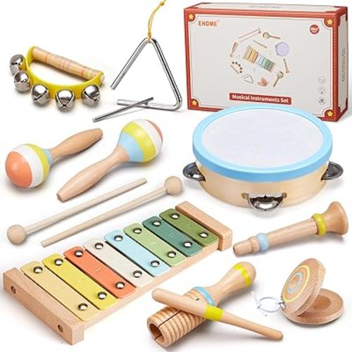 Baby Musical Instruments Set Montessori Wooden Music Toys for Toddlers 3 4 5 Neutral Color Percussion Music Kit with Drum, Xylophone,Storage Bag, Birthday Preschool Learning Gift for Boys Girls