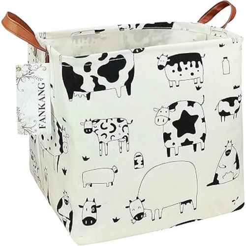 FANKANG Square Nursery Hamper Storage Bins Canvas Laundry Basket Foldable with Waterproof PE Coating Storage Baskets Gift Baskets for Children, Office, Bedroom, Clothes(Square-Cows )