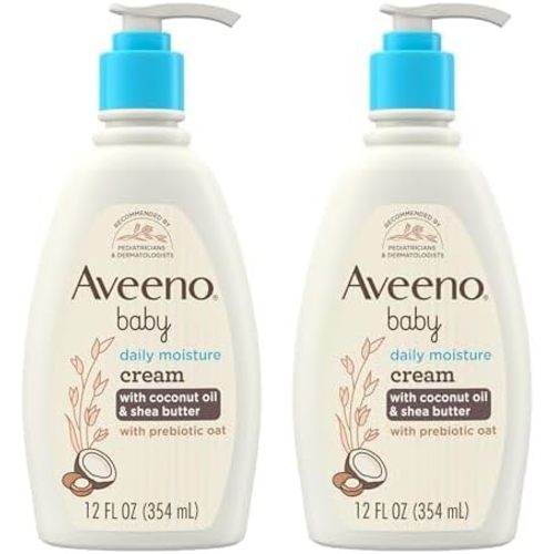 Aveeno Baby Daily Moisturizing Cream with Prebiotic Oat, Hypoallergenic Baby Lotion with Coconut Oil & Shea Butter Moisturizes Sensitive Skin for 24 Hours, Gentle Coconut Scent, 12 fl. oz (Pack of 2)