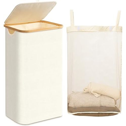 Laundry Hamper with Lid, 100L Large Laundry Basket with Bamboo Handles and Removable Inner Bag, Collapsible Dirty Clothes Hamper Laundry Bin for Bathroom, Bedroom, Dorm Laundry Room(Beige)