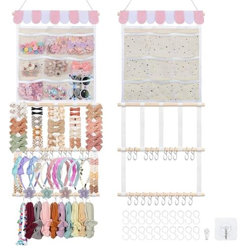 New Bow Organizer for Girls, Headband Holder w/ 9 Mesh Pockets,Hair Bow Holder Clip Organizer, Wall Hair Accessories Organizer for Toddler Baby Girl Nursery Decor(32x15inch,Beige Pink)