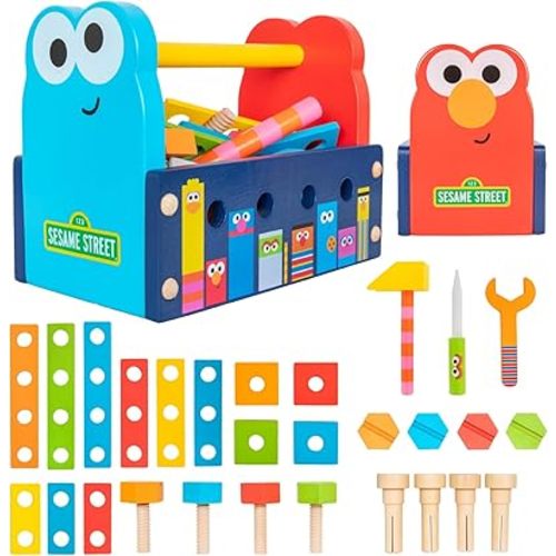 KIDS PREFERRED Sesame Street Wood Toolbox with Building Toys for Toddlers