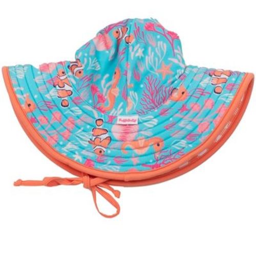 RuffleButts Girls UPF50+ Sun Protected Reversible Swim Hat - Ocean Tides/Coral Gingham, 12m-2T
