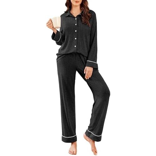 Ekouaer Womens Pajama Sets Long Sleeve Ribbed Knit Lounge Set Button Down Soft 2 Piece Pjs With Pockets