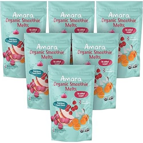 Amara Smoothie Melts - Carrot Raspberry - Baby Snacks Made With Fruits and Vegetables - Healthy Toddler Snacks For Your Kids Lunch Box - Organic Plant Based Yogurt Melts - 6 Resealable Bags