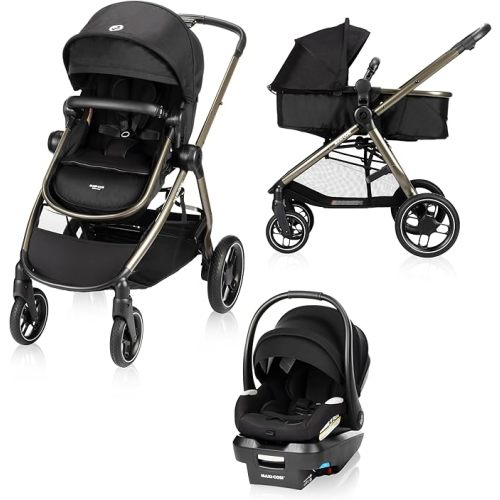 Maxi-Cosi New Generation Zelia Luxe 5-in-1 Modular Travel System, Carriage Mode, Reversible Toddler Seat, Mico Infant Car Seat (included), Enhanced All-Terrain Wheels, Use from Birth – Bassalt Black