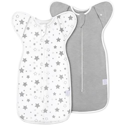 2-Pack Baby Swaddle Sleep Sack 0-3 Months - Arms Up Transitional Swaddle for Newborns, Baby Sleep Sack with Cuff Removable & 2-Way Zipper, Gray Stars Design