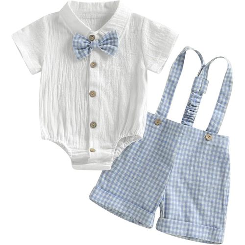 Newbron Baby Boy Summer Outfit Cotton Linen Button Short Sleeve Bowtie Shirt Romper Suspender Shorts Set