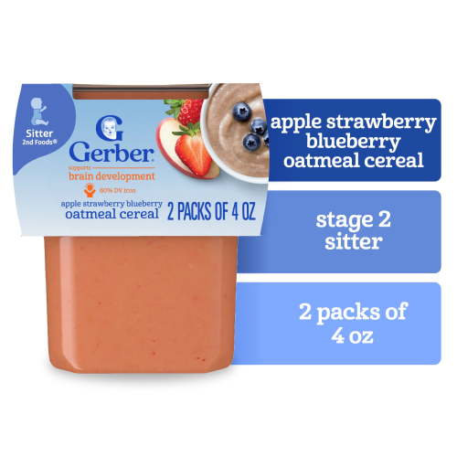 Gerber Stage 2 Baby Food, Apple Strawberry Blueberry Oatmeal Cereal Tub, Baby Cereal, 2PK 8 oz
