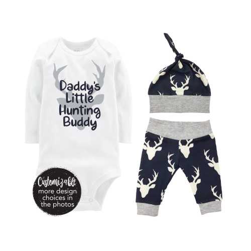 Daddy's Little Hunting Buddy Baby Outfit Deer Navy Gray Bodysuit Infant Gift Set Coming Home Outfit Buck Deer Grey and Navy Gift Baby Shower