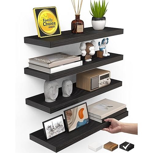 BAYKA Floating Shelves for Wall, 15.7in Wall Mounted Rustic Wood Shelves for Bathroom, Bedroom, Living Room, Kitchen, Hanging Shelf for Books/Storage/Room Decor with 22lbs Capacity (Black, Set of 4)
