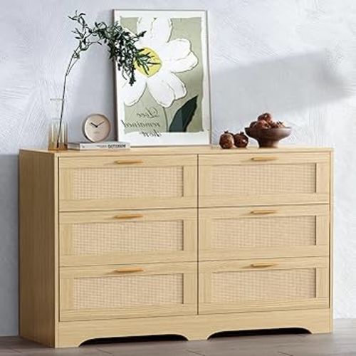 Redlife 6 Drawer Rattan Dresser for Bedroom, Modern Double Dresser with Gold Handles, Wood Storage Chest of Drawers for Closet, Living Room, Hallway and Entryway (Natural)